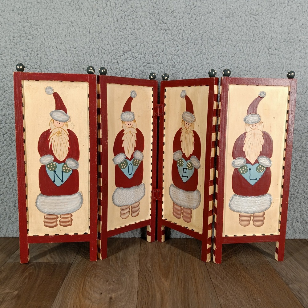 Hand Painted Christmas Santa Noel Folding Screen Tabletop Decor Rustic 11"x18"